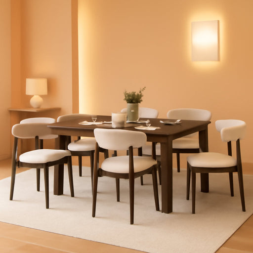 7-Piece Rectangular Dining Table Set for 6, 63" Industrial Kitchen Table with 6 Wooden Upholstered Dinner Chairs for Dining Room, Kitchen, Living Room, Brown+Beige