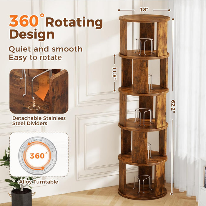 5 Tier Rotating Bookshelf Tower, 360° Display round Bookcase, Floor Standing Corner Revolving Bookshelf Organizer Storage Rack for Home Study Office, Walnut