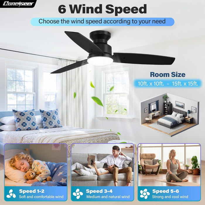 Modern 42 Inch Ceiling Fans with Lights and Remote for Bedroom Office, Flush Mount, 18W 6CCT Dimmable, Dual Color 3 Blades 6 Speed Reversible Quiet DC Motor, Black/Wood Grain