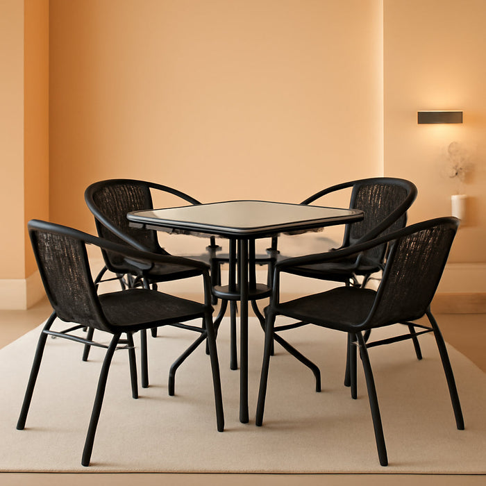 5-Piece 28" Square Indoor/Outdoor Patio Table and Chairs Set, Dining Set with Glass Metal Bistro Table, 4 Stack Rattan Chairs, Black