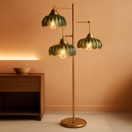 Glass Floor Lamp for Living Room,Bedroom,Mid Century Modern Standing Lamp Brass Tree 3 Light Tall Floor Lamps Vintage Retro Floor Lights Gold Green Flower Lamp Shade Farmhouse Boho Bohemian