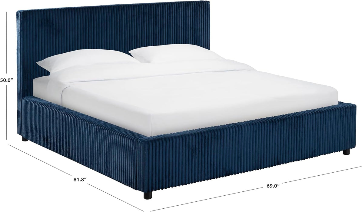 Couture Collection - Mallika Navy Corduroy Queen Bed, Channel Tufted Headboard, Plush Upholstery, No Box Spring Needed (SFV6117C-Q)