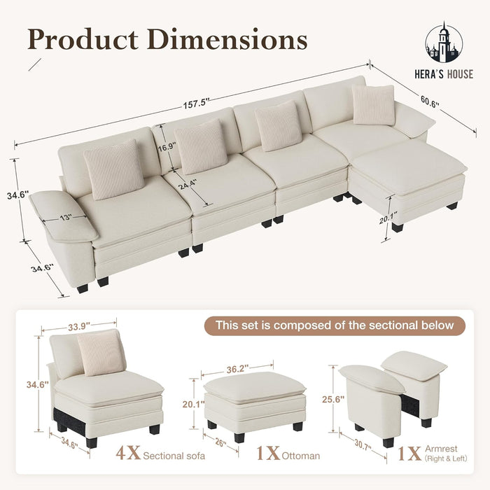158-Inch L-Shaped Sectional Sofa, Comfy Cloud Couch with 4 Throw Pillows and 1 Ottomans, 5-Seater Modular Sectional Sofa Couches for Living Room, Chenille Beige