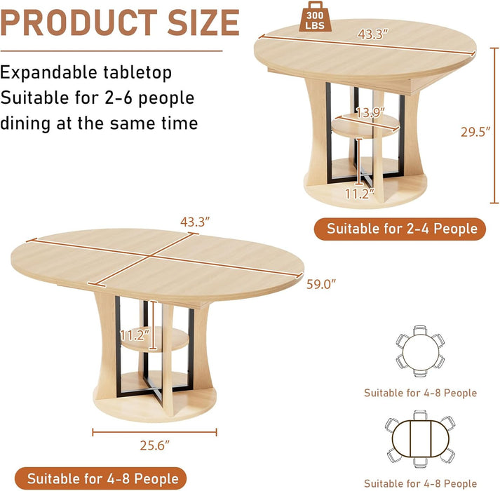 Extendable round Dining Table for 4-6-8, 43.3-59In Expandable Dining Table with Storage Shelf, Space Saving Circle Oval Kitchen Table with Leaf for Dining Room, Natural Oak