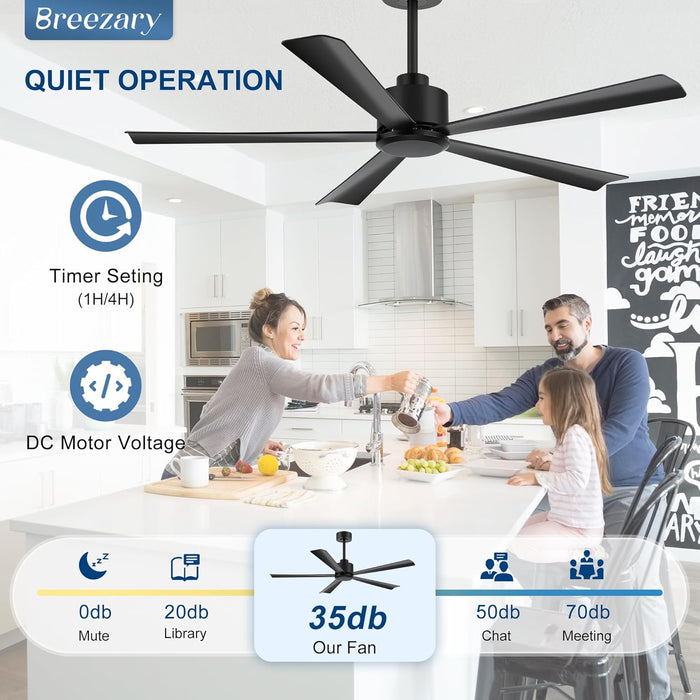 52 Inch 5 Blade Ceiling Fans without Light Remote Control, Quiet Reversible DC Motor, 5 Black Blades, 6-Speed, Industrial Ceiling Fan for Home Kitchen (Black)