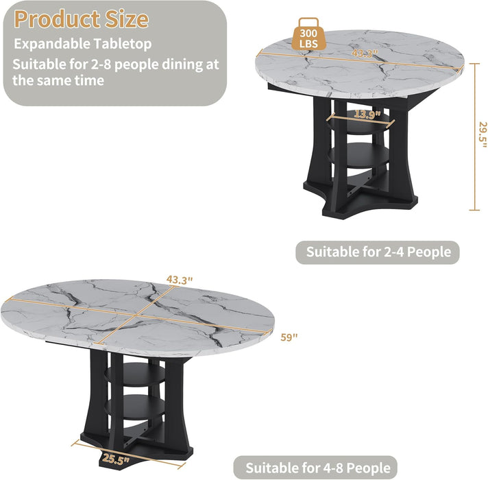 Extendable Dining Table 43To59 WhiteFauxMarble Oval