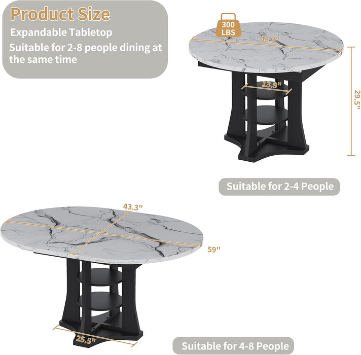 Extendable Dining Table Marble for 4–6 (White Marble) | White Faux Marble Dining Table, Modern Marble Kitchen Table, round Dining Table for Kitchen, Living Room, Dining Room ﻿