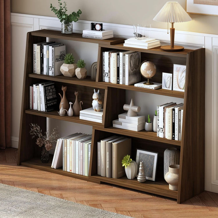 Wooden Extendable Shelf Bookcase - 3-Tier Ladder Low Short Bookshelf for Small Space or Corner, Dark Walnut, L