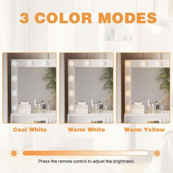 Vanity Desk with Mirror, Power Outlet and 10 Lights, Makeup Table with 4 Drawers, 3 Color Modes Available for Bedroom, White