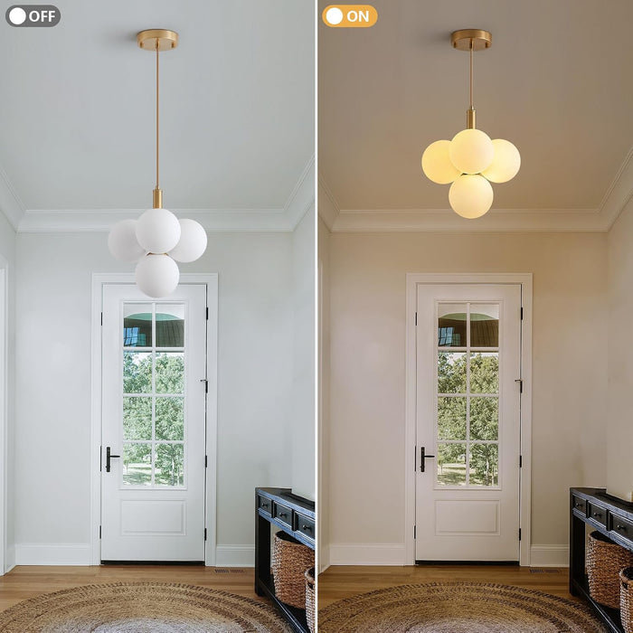 Glass Globe Chandeliers, 4-Light Gold Dining Room Light Fixture, 11In Milk Glass Pendant Lights Kitchen Island Modern Chandeliers for Dining Room Kitchen Living Room Bedroom Hallway Entryway Foyer