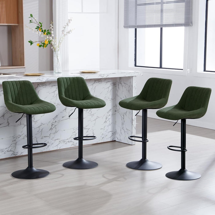 Faux Leather Adjustable Bar Stools Set of 3, Modern Swivel Barstools with Back, Black Metal Base and Footrest, Upholstered Armless Bar Chairs for Kitchen Island/Dining/Pub, Green