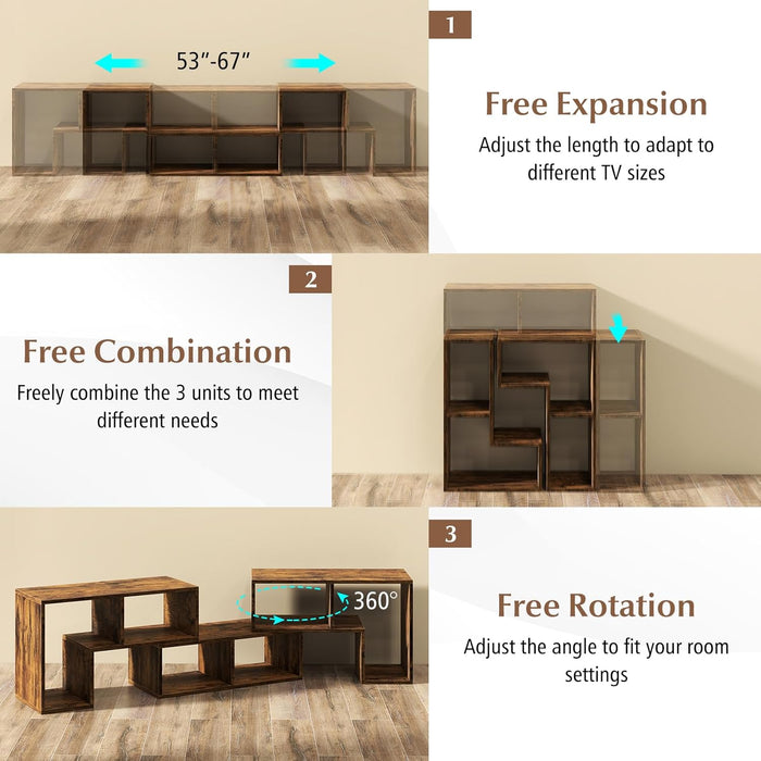 Free-Combination TV Stand for Bedroom - Entertainment Center for 50 55 60 65 Inch TV, 3-Piece Media Console Table with Storage Cubes, Deformable Open Storage Bookcase Shelf (Brown)