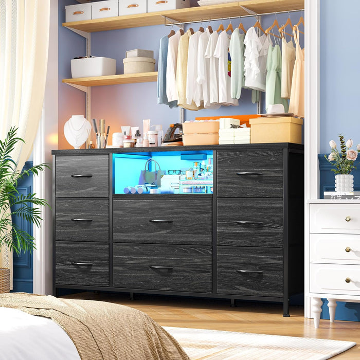 Black Dresser for Bedroom with LED Lights & Charging Station,  for Bedroom with 8 Drawer for 55 Inch TV, Fabric Dressers & Chests of Drawers with Open Shelves for Hallway Entryway