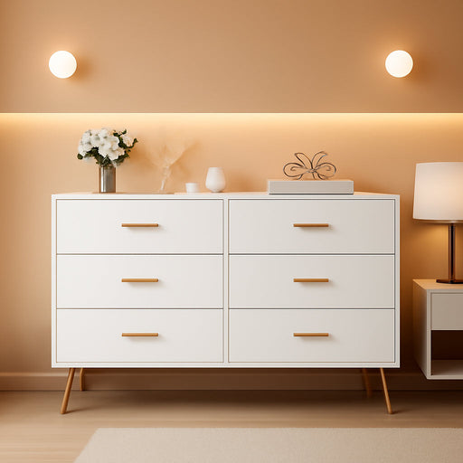 6 Drawer Dresser, Modern Wooden Chest of Drawers with Gold Handles, Deep Drawers for Bedroom, Living Room and Entryway, White