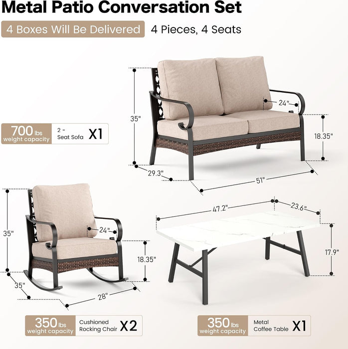 , 4 PCS Metal Patio Conversation Set, Rocking Chairs