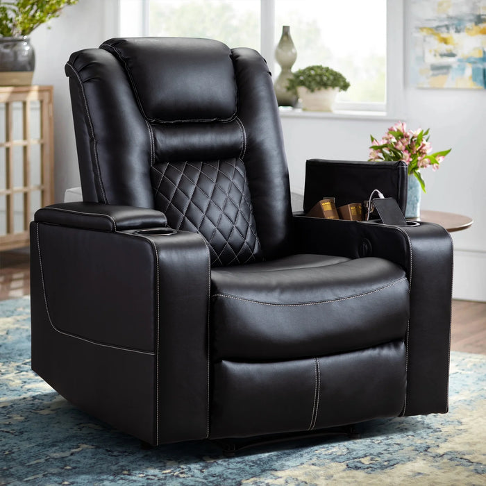 Power Electric Recliner Chair with USB Ports and Cup Holders Leather Home Theater Seating, Living Room Chair Black