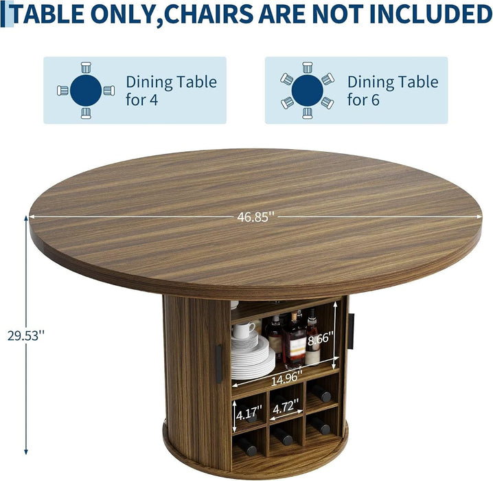 Dining Table, 47 Inch round Dinner Table for 4-6, Kitchen Tables with Storage and Wine Cabinet for Home Dining Room Living Room, Walnut