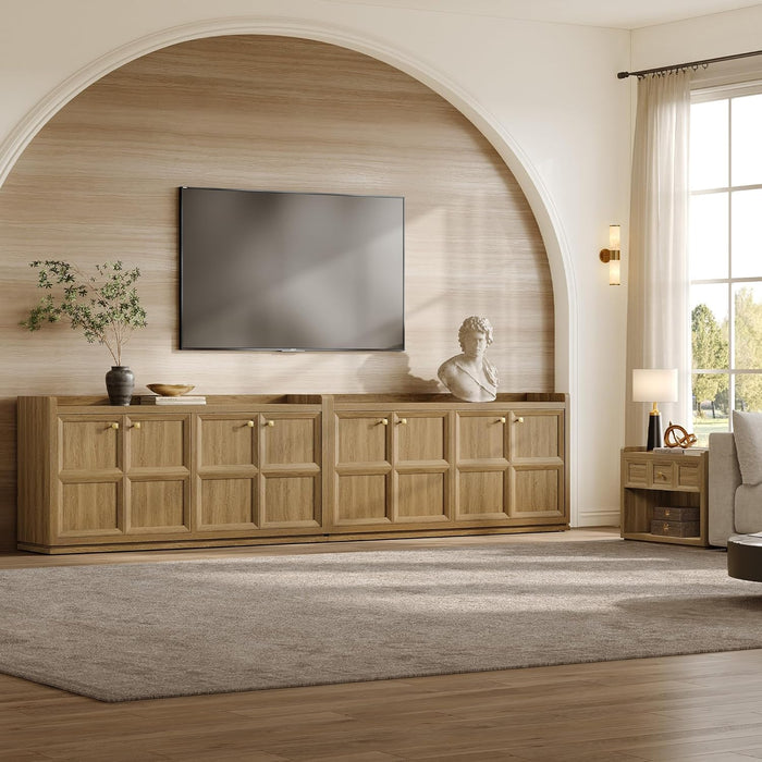 61.7" Buffet Cabinet 4-Door Sideboard Kitchen Living Room Brown Oak | Geometric Doors & Elegant Gold Handle, Slow-Close Door, 2 Separate Bays, 3-Level Adjustable Shelf, Kid & Pet Safe, 77 Lbs Top
