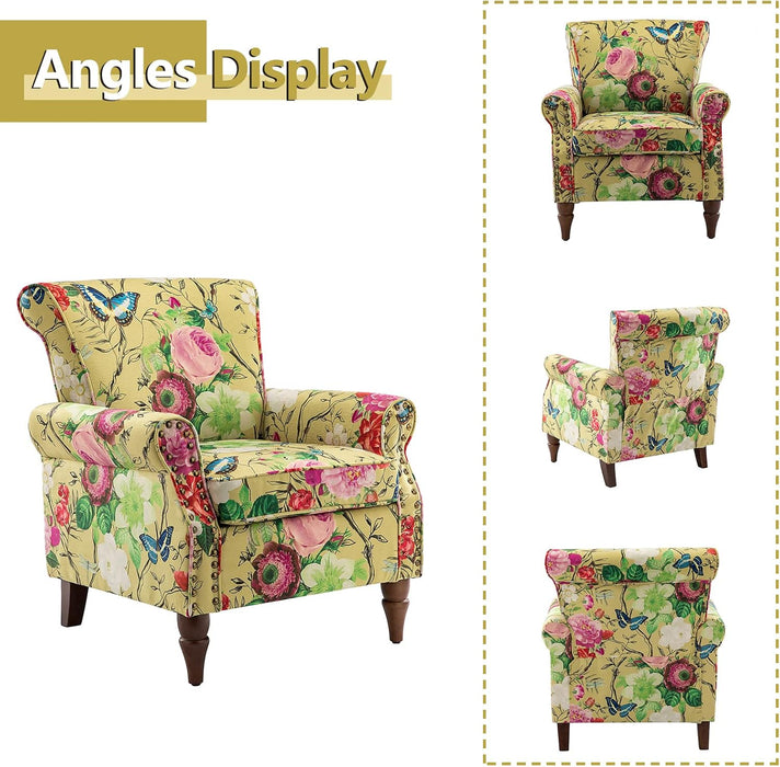 Modern Wingback Accent Chair with Wood Legs & Removable Cushion, Comfy Upholstered Armchair with Nailhead Trim, Floral Pattern Single Sofa Chair for Living Room Bedroom, Mustard