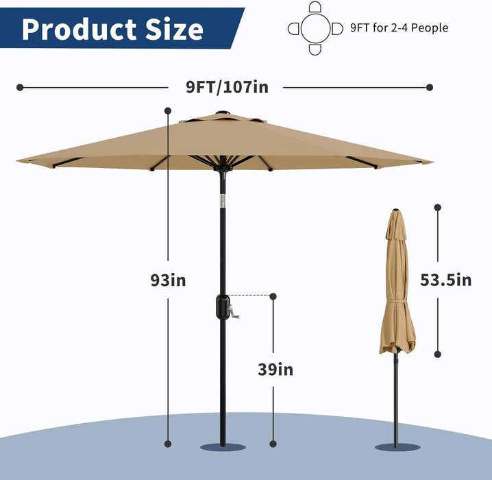 9FT Patio Umbrella 8 Sturdy Ribs Outdoor Table Umbrella, Tan