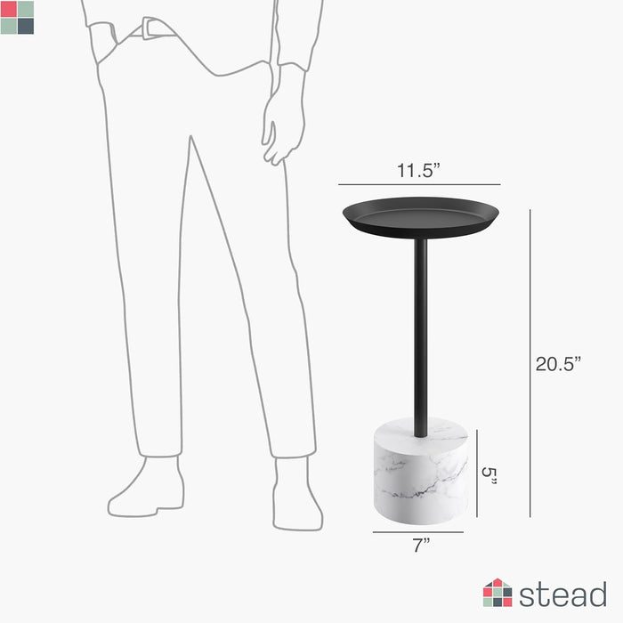 Round Metal Drink Table with Black Top and Faux Marble Base – Small Pedestal Side Table for Living Room, Bedroom, or Office – Modern Black round Cocktail Table, Easy Assembly, Scratch-Resistant