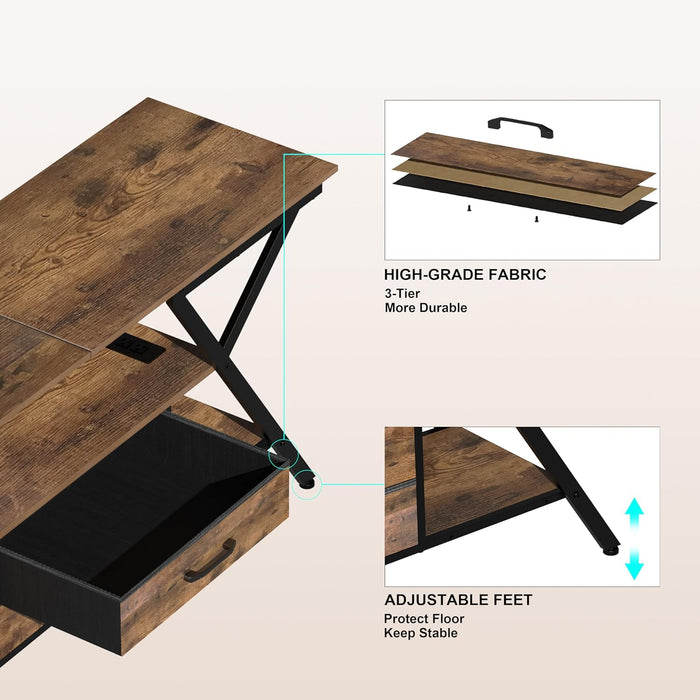 TV Stand with Power Outlet and LED Lights, Fits Tvs up to 65”, 2 Fabric Drawers Entertainment Center with Open Storage Shelves, Media Console for Living Room, Bedroom (Rustic Brown)