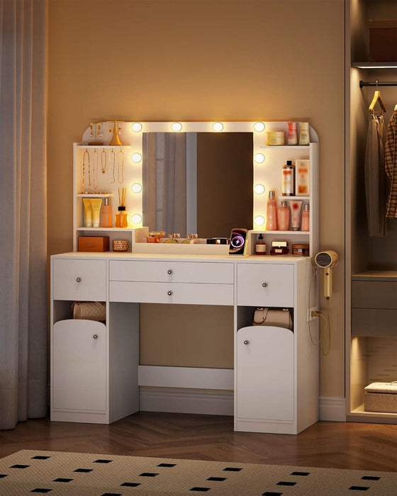 42.5" Large Vanity Desk，Dressing Table with Mirror and LED Light, Power Strip, 4 Drawers, 2 Open Storage Cabinets, and Jewelry Storage for Bedrooms, White