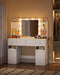 42.5" Large Vanity Desk，Dressing Table with Mirror and LED Light, Power Strip, 4 Drawers, 2 Open Storage Cabinets, and Jewelry Storage for Bedrooms, White