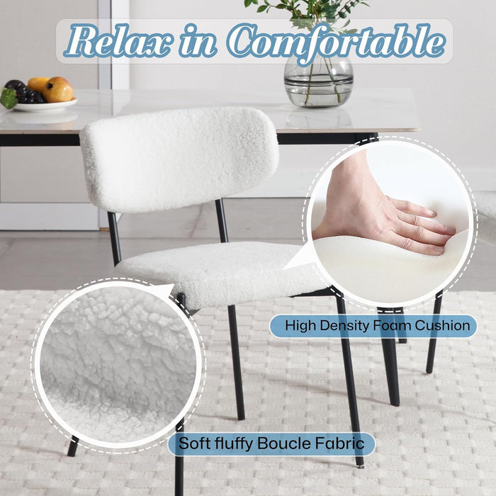 Boucle Dining Chairs Set of 6, Modern Mid-Century Upholstered Stylish Kitchen Chairs Sherpa Accent Diner Chairs with Metal Legs and Curved Back for Kitchen, Dining Room(White)