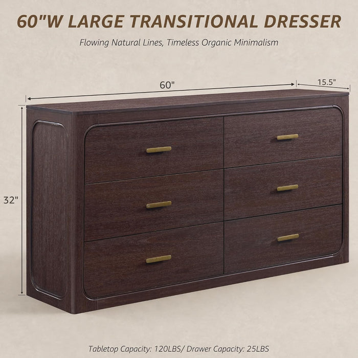 60" Wide Transitional 6-Drawer Dresser for Bedroom, Cacao Walnut