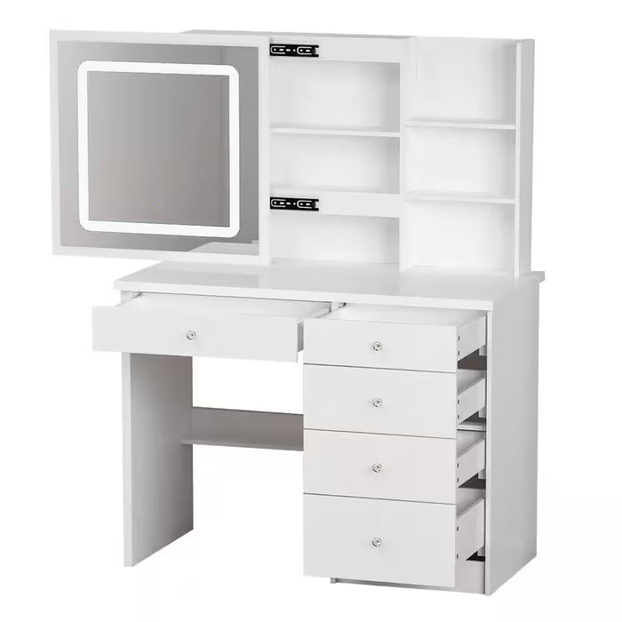 5-Drawers White Wood Makeup Vanity Sets Dressing Table Sets with LED Push-Pull Mirror, Stool and Storage Shelves