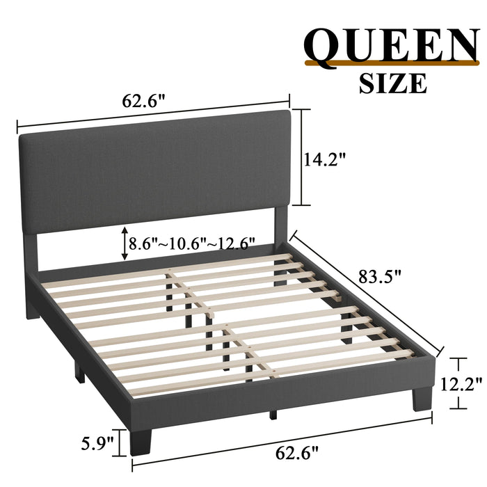 Queen Bed Frame,  Queen Size Dark Gray Upholstered Bed with Adjustable Headboard, Fabric Platform Bed Frame