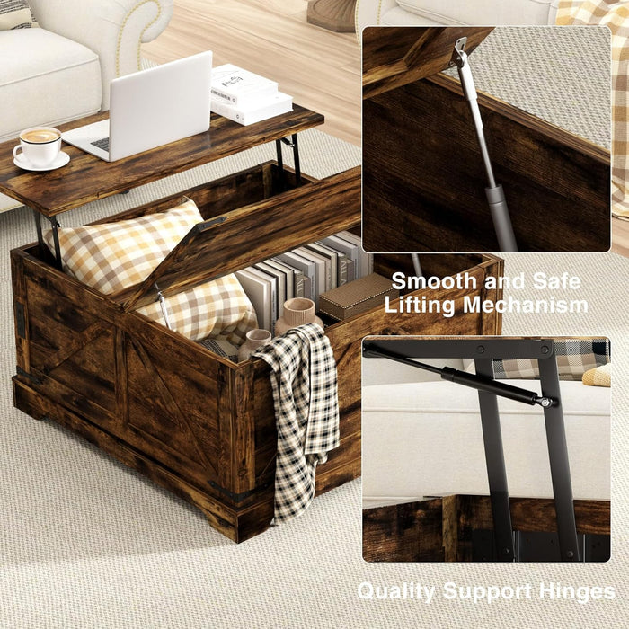 Coffee Table with Hidden Storage, 35.4" W Farmhouse Lift Top Wood Square Center Table with Charging Station, Rustic Cocktail Tables with Flip Top Lids for Living Room, Home Office, Rustic Brown