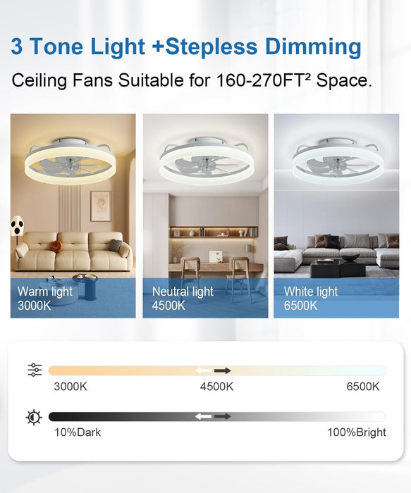 Ceiling Fans with Lights and Remote,20" Fandelier Ceiling Fan Flush Mount,3000-6500K Smart Bladeless LED Fan Light,Modern Low Profile Ceiling Fan with Light for Bedroom,Kids Room and Living Room.White