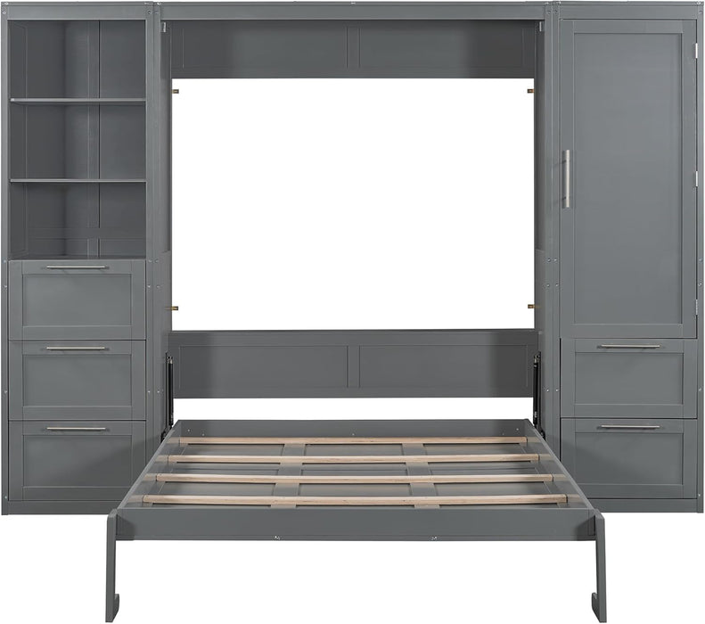 Queen Size Murphy Bed with 1 Closet,3 Drawers and 3 Open Shelves,Wood Folding Murphy Wall Bed (Grey)