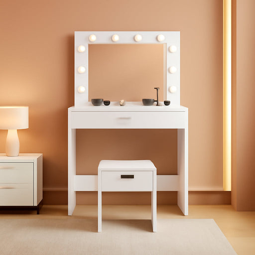 Vanity Desk with Mirror and Lights, Adjustable Brightness, White Vanity Table Set with Storage Drawer,Makeup Vanity Set with Cushioned Chair