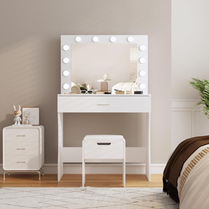 Vanity Desk with Mirror and Lights, Adjustable Brightness, White Vanity Table Set with Storage Drawer,Makeup Vanity Set with Cushioned Chair