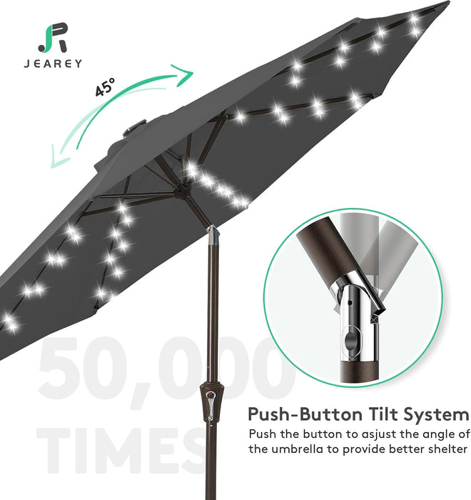 9FT Outdoor Patio Umbrella with Solar Lights, LED Lighted Pool Umbrella with Tilt and Crank, Outdoor Table Umbrellas for Deck, Yard & Market (Dark Gray)