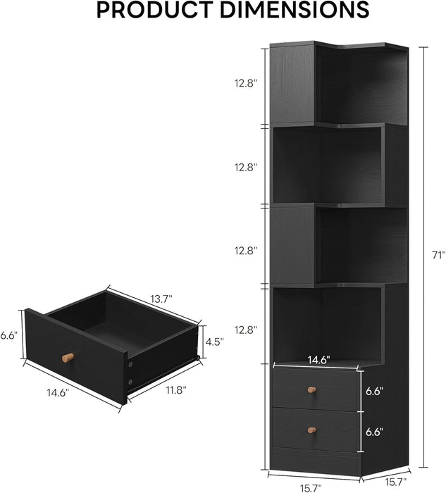 Corner Bookshelf, 70.87" Tall Corner Bookcase with Drawers, Corner Shelf Storage Display Rack for Living Room Home Office, Black
