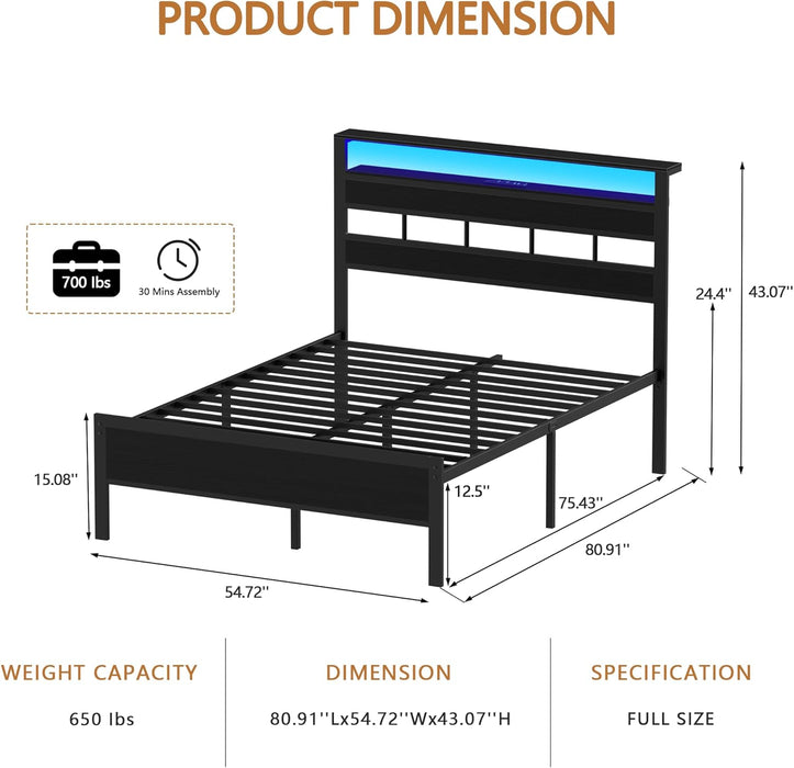 Full Size Bed Frame, Storage Headboard, LED & Charger, Black Oak