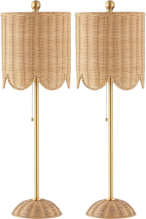 27.5" Brass Gold Coastal Buffet Table Lamp Set of 2 for Bedroom, Boho Table Lamps with Natural Rattan Scalloped Shade, Pull Chain, LED Bulbs Included JYL1138A-SET2