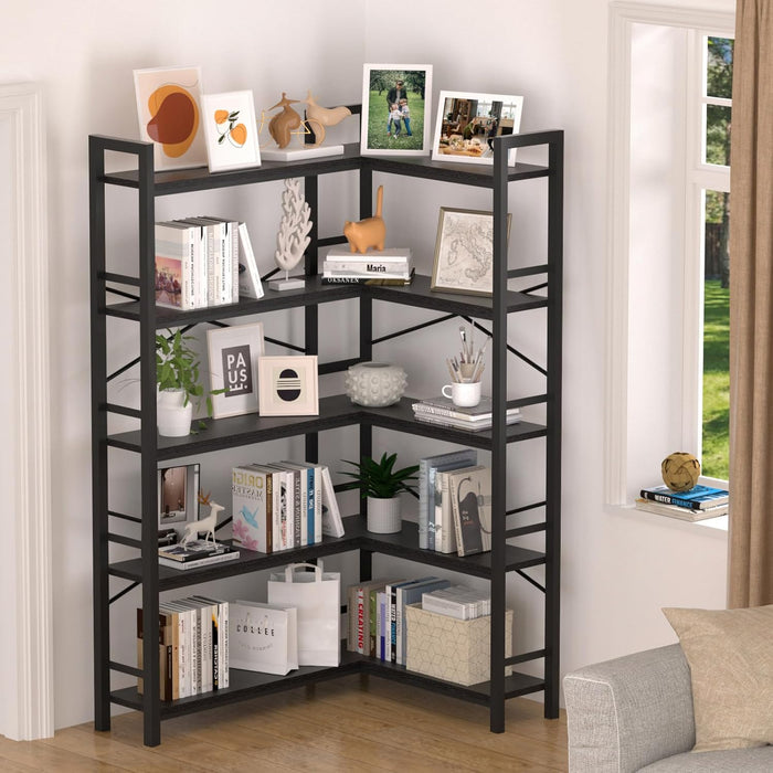 5-Shelf Corner Bookshelf, 68.5" L-Shaped Open Bookcase, Black