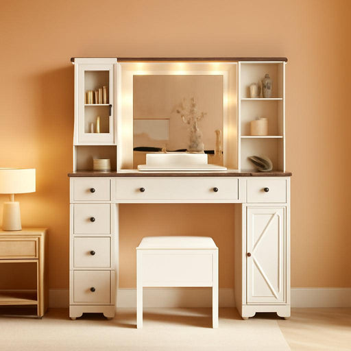 Farmhouse Vanity Desk with Mirror and Lights, White Makeup Vanity Set with Stool, Power Outlet, 3 Color Lighting Modes Bulbs, Drawers & Cabinets, Dressing Table for Bedroom, White
