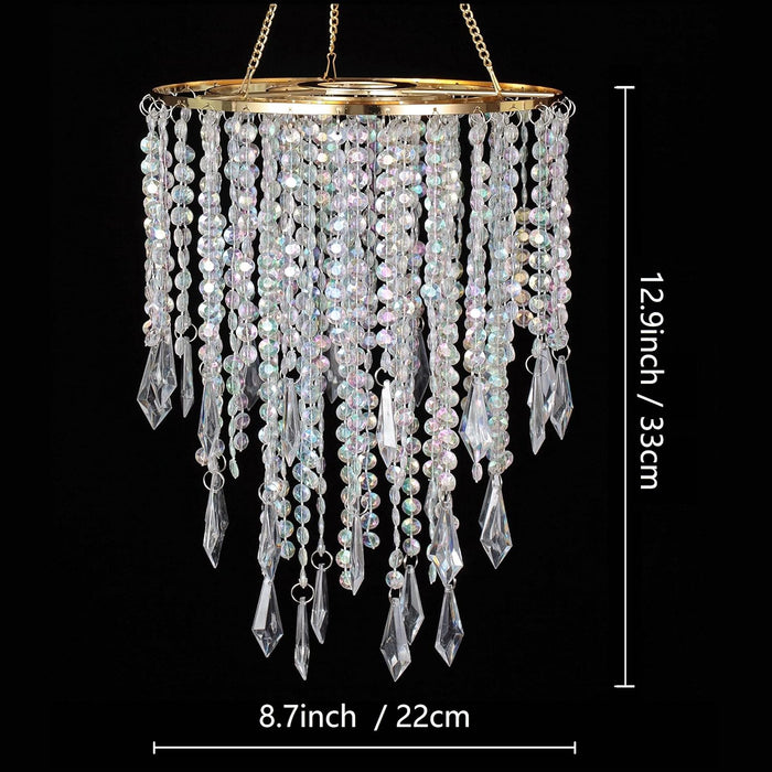 Acrylic Chandelier Ceiling Light Shade Beaded Hanging Pendant Lampshade with Gold Frame for Bedroom for Wedding Party H12.9" X W8.7" 3 Tiers