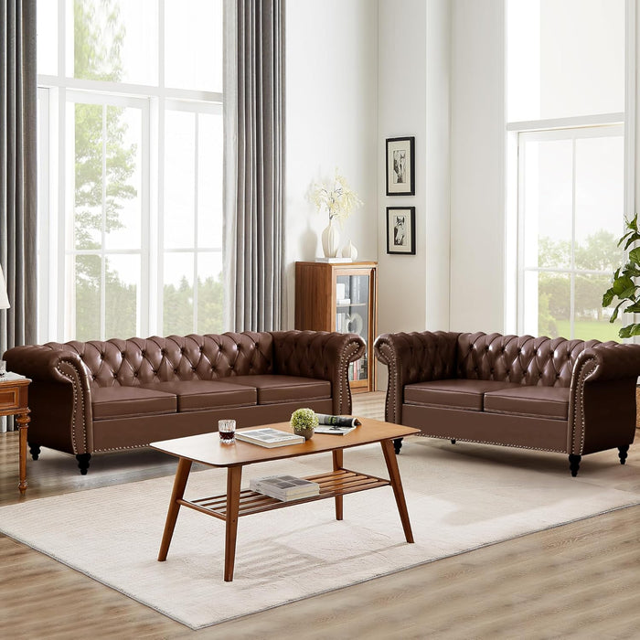3 Piece Living Room Set, Sectional Chesterfield Sofa Chair Contemporary Upholstered Leather Loveseat Couch Sets for Living Room, Bedroom, Office