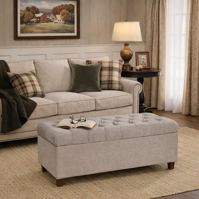 Home Decor | Tufted Ainsley Button Storage Ottoman Bench with Hinged Lid | Ottoman Bench with Storage for Living Room & Bedroom, Grey