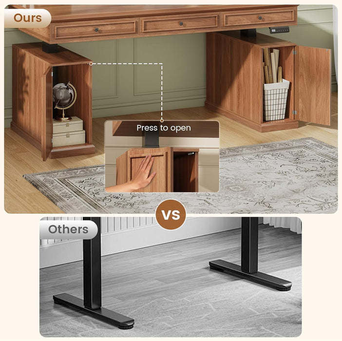 Farmhouse Electric Standing Desk with 3 Drawers, 55.1" Height Adjustable Executive Office Desk with Storage Cabinet, Computer Sit Stand up Desk with Power Outlets for Home Office (Brown)