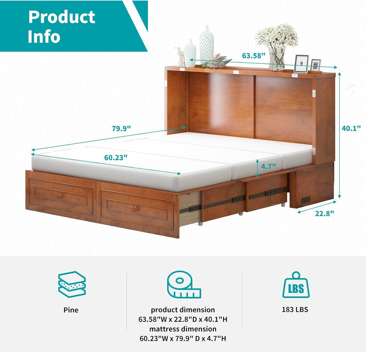 Queen Cabinet Murphy Bed With USBCharge StorageDrawers