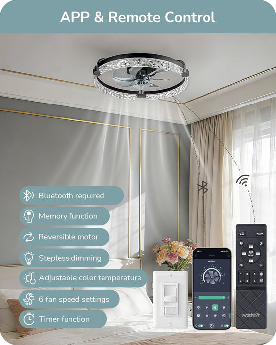 Ceiling Fans with Lights and Remote, 20'' Low Profile Ceiling Fan, 3000-6000K Dimmable, 6 Speeds LED Modern Flush Mount Fan Light, DC Motor, APP Control, Black Fandelier for Bedroom, Kitchen