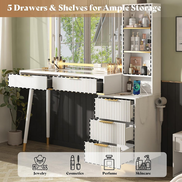 48" Vanity Desk with 35" Large Lighted Mirror, Big Modern Makeup Vanity Table with 5 Drawers & Shelves, Dressing Table with Charging Station/Glass Desktop/White